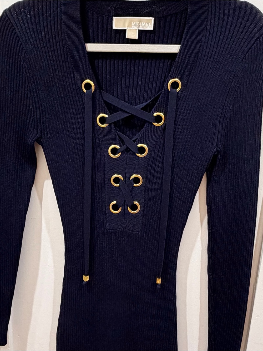 Michael Kors Navy Ribbed Lace-Up Long Sleeve Knit Dress - Picture 2 of 5